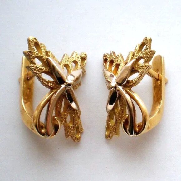 Vintage Original Russian Soviet USSR 18K 750 Yellow White Gold Leaf EARRINGS - Picture 5 of 5